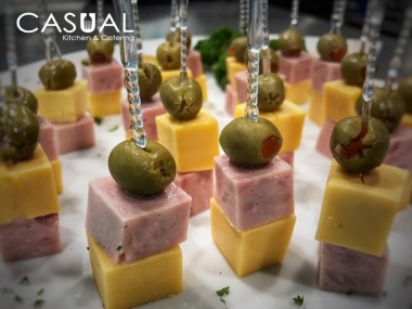 Ham, cheese and olive skewer